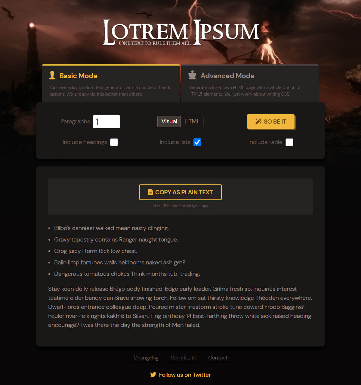 Screenshot of LOTRem Ipsum's Basic Mode