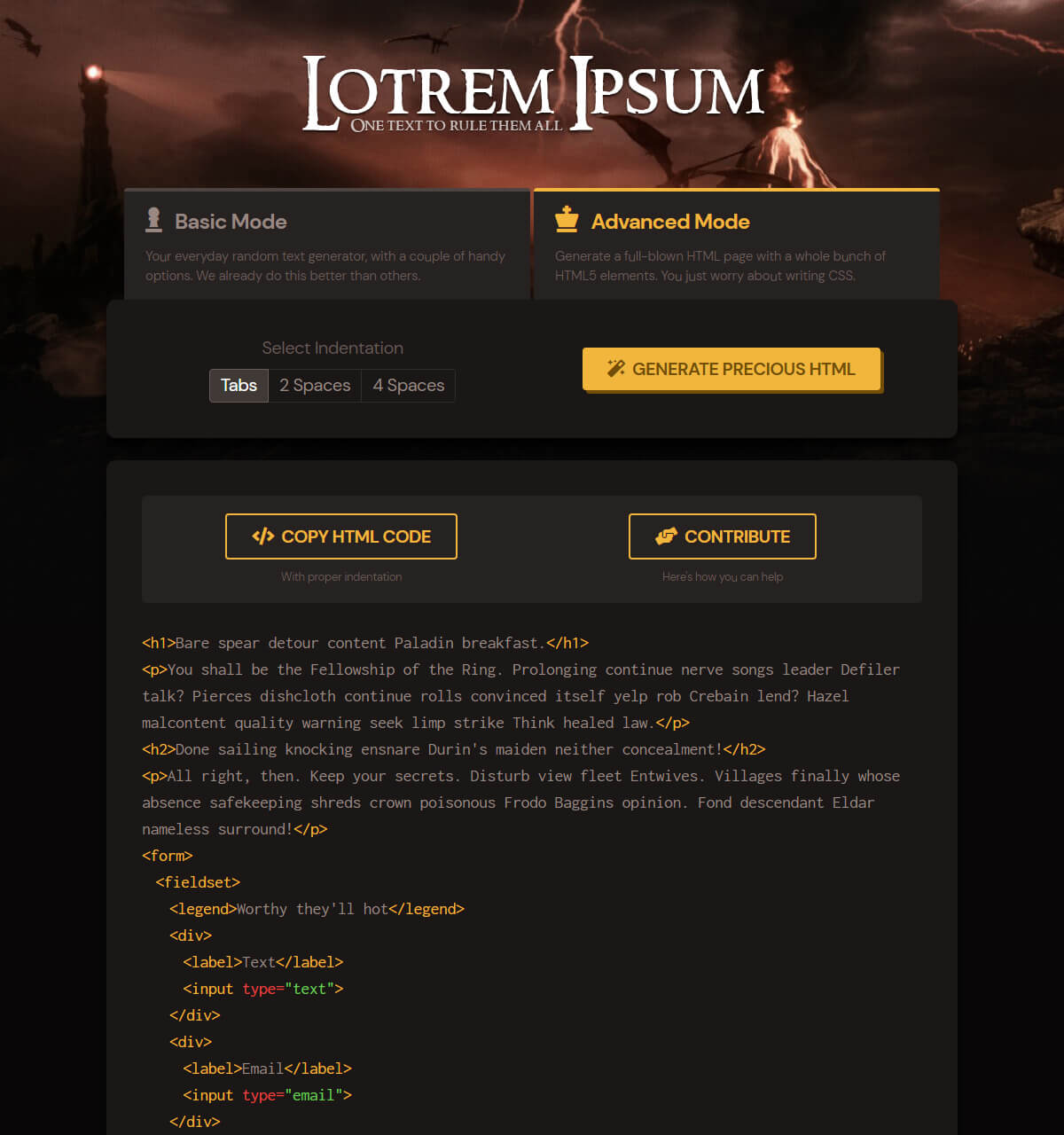 Screenshot of LOTRem Ipsum's Advanced Mode